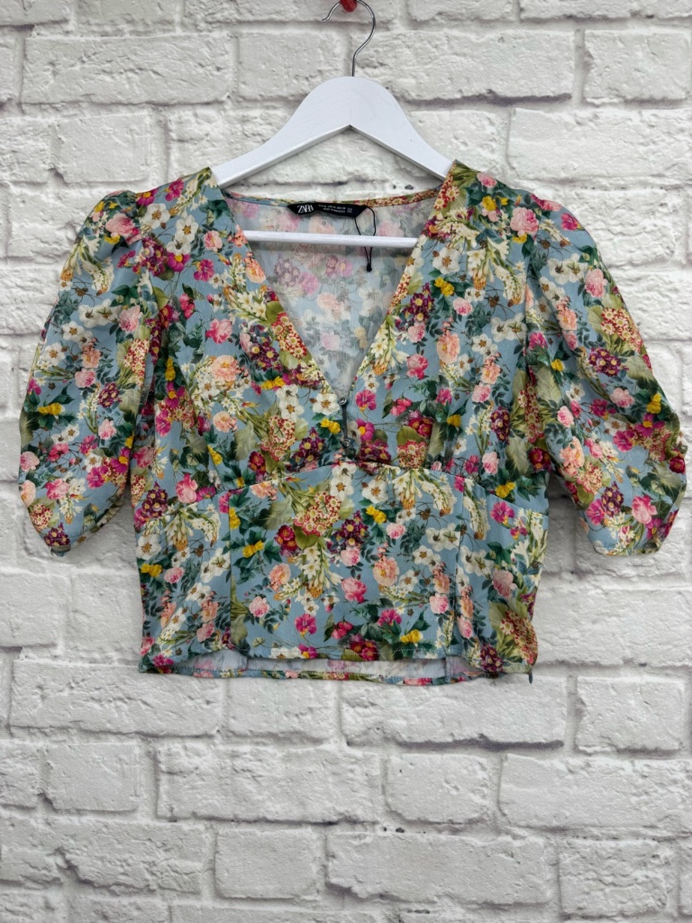 Zara Floral Crop Top Blue Cottagecore Puff Sleeve V Neck Size M Garden